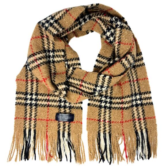 Burberry Scarf Wool House Check Houndstooth Plaid Brown Tan Red Fringe Angora - Picture 2 of 6